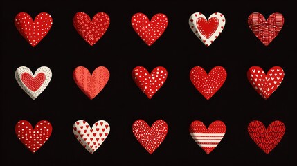 Fifteen Red Hearts with Unique Patterns on Black Background, Valentine's Day Concept