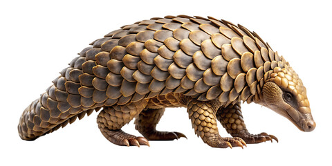 Obraz premium Side view of a pangolin with scaly armor walking isolated against a dark backdrop