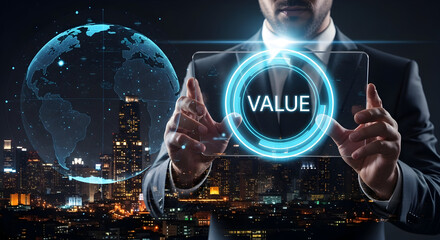 A confident businessman interacts with a holographic interface displaying the word VALUE, highlighting the importance of value in business strategy.