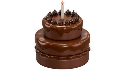 Two tier chocolate cake with candle and glossy frosting, Delicious layered chocolate cake with creamy icing and birthday candle
