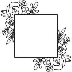 Floral Square Frame Outline Drawing with Blank Center For Text Decoration Element Vector