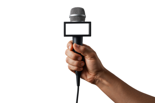 Microphone held by hand with blank sign for news or interview concept on black background presenting journalism and media communication