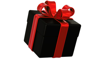Black gift box with red ribbon and bow isolated on white background, Elegant present package wrapped in shiny red ribbon for celebration or special occasion