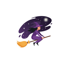 Flat Vector Halloween Witch Flying on Broomstick