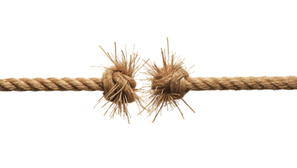 Strained Rope Showing Signs of Wear and Tear with Frayed Ends and Knotted Sections on Black Background