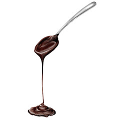 Liquid chocolate on a spoon. Hand-drawn dark chocolate on a white background. Food clip art. Perfect for banners, cookbooks, and pastry blogs.