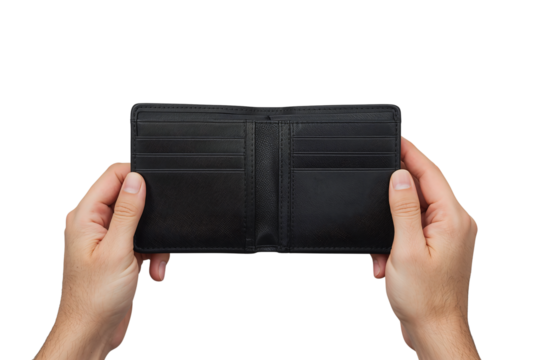 Man holding an elegant black leather wallet showcasing multiple card slots and interior design for financial security