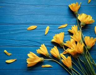 yellow flowers scattered on a blue wooden backdrop simple and minimalist decor minimalist