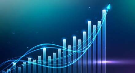 Financial growth chart with arrow pointing up on blue background concept