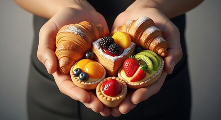 Delightful pastries and croissants held gently in hands, a sweet temptation perfect for bakery promotions or indulgent breakfast ads, showcasing fresh fruit and flaky dough, a delectable treat