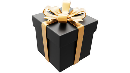 Black gift box with golden ribbon and bow isolated on white background, Luxury elegant present package for celebration and special event