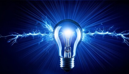 glowing light bulb with electric lightning against dark blue background creates striking visual effect vibrant blue energy symbolizes innovation and creativity