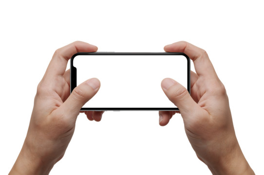 Hands Holding Smartphone with Blank White Screen Mockup for App Development and Presentation Purposes