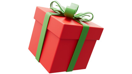 Red gift box with green ribbon and bow isolated on white background, Festive holiday present package for Christmas or special celebration