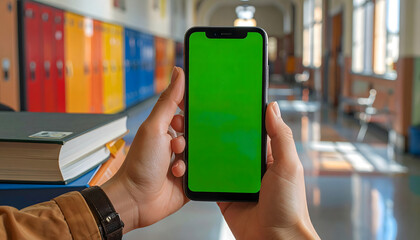 Person holding a smartphone with a green screen in a school hallway.