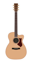 An illustration of an acoustic guitar with a light wood finish and a cutaway body. Ideal for music, concert, lesson, and hobby-related designs and promotional materials.