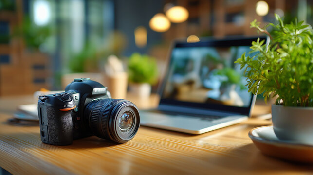 Productivity coach filming organization tips video at tidy desk, minimalist workspace, calm and structured setup, lifestyle advice, home office inspiration, self-development conten