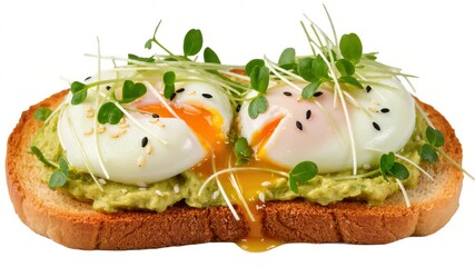Crispy toast topped with creamy avocado spread, soft poached eggs, microgreens, and sesame seeds. Isolated on white background. Nutritious breakfast idea. - Powered by Adobe