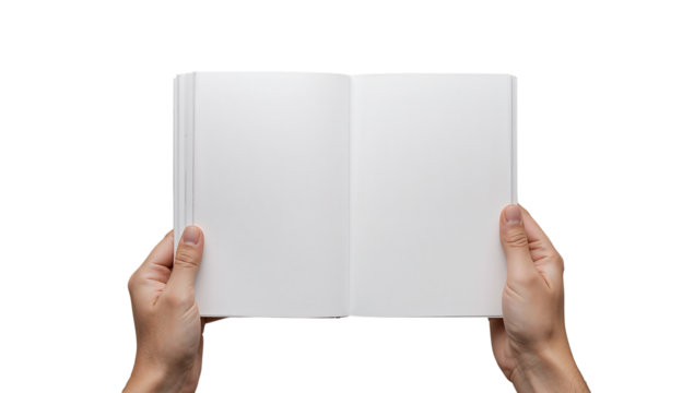 Person Holding Blank Open Notebook with Two Hands Ready to Write or Sketch on Clean White Pages
