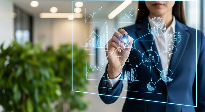 Image of woman drawing chart on transparent board, representing data visualization and strategic planning for business success, in corporate scene
