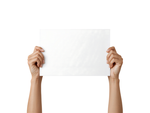 Hands Holding a Blank White Sign on a Black Background Ideal for Your Message or Advertisement Ready for Custom Text or Graphics