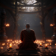A monk sitting in a meditation pose in a monastery surrounded by lit candles.