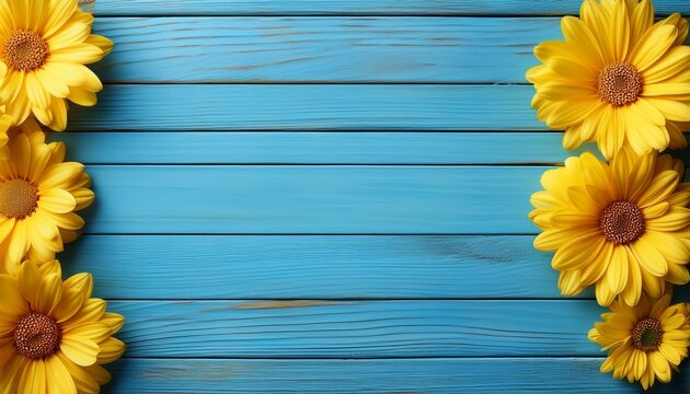 yellow daisies arranged neatly on sky blue wooden plank minimalist backdrop backdrop yellow flowers - Powered by Adobe