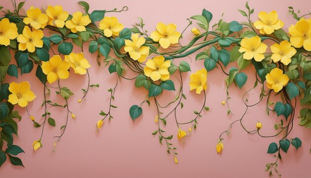 yellow flowers and green vines cascading down a pastel pink wall background botanical blooming