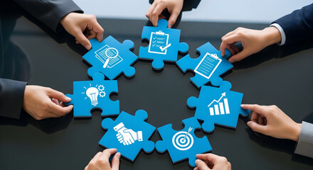 Hands assemble jigsaw puzzle pieces representing business functions, symbolizing teamwork and strategic partnerships for collective success and growth.