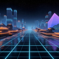 Futuristic Cityscape with Neon Lights: Cyberpunk 3D Rendering of a High-Tech Urban Landscape