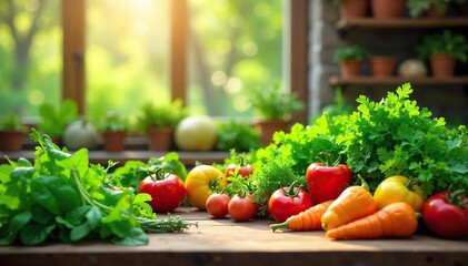 Sunlit Kitchen Garden Harvest Fresh Herbs & Vegetables Ready for Picking