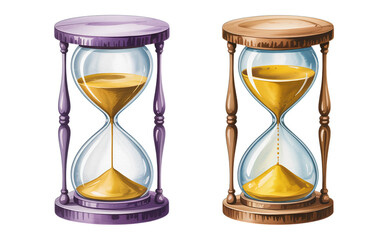 Two elegant hourglasses with golden sand flowing, symbolizing time passing and precious moments slipping away.