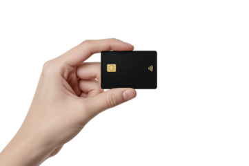 Close up of a Hand Holding a Black Contactless Payment Card Against a Black Background for Online Transactions