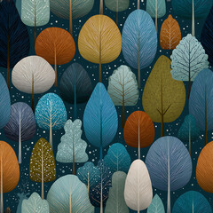 Colorful Trees in Abstract Forest: Autumn Hues, Botanical Illustration and Foliage Art in Modern Wallpaper Design