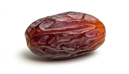 Closeup of a single medjool date isolated on white background, showcasing its rich color and wrinkled texture in detail