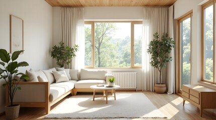 Fototapeta premium Imagine relaxing in this bright, sun-drenched living room with plush seating, fresh plants, and a stunning nature view bringing the outdoors inside for a peaceful and airy feeling