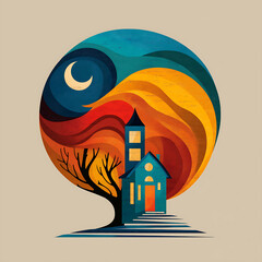 Colorful Abstract House and Tree with Moon: Whimsical Night Scene in Vibrant Autumn Hues