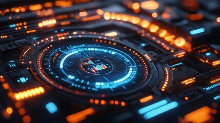 Futuristic digital interface featuring glowing blue and orange elements, intricate patterns, and circular designs, showcasing advanced technology and innovation in a high-tech environment