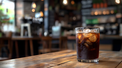 Modern cafe with iced americano on wooden table
