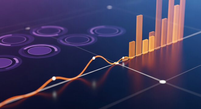 Abstract visualization of bar and line chart with purple circles, representing data, progress, and analytical insight for a business context - Powered by Adobe
