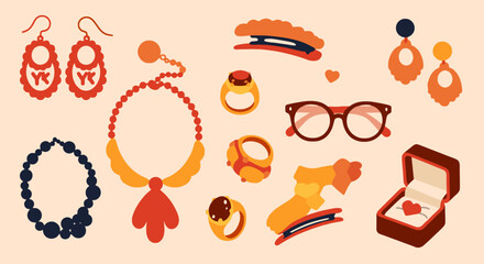 Vector Set of Colorful Y2K Accessories &ndash; Cute Earrings, Rings, Necklaces, Glasses, Barrettes, and Funky Vintage Jewellery Collection