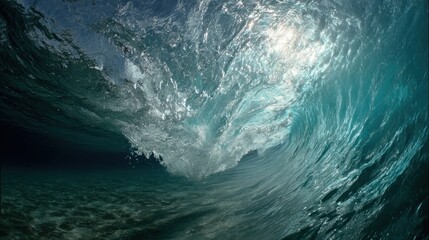 Fototapeta premium Underwater Wave's Curvature: Sunlit, Transparent, and Powerful Ocean Scene.