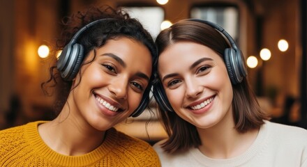 Diverse young women, smiling brightly with headphones, share a friendly connection and joy in a warm, inviting setting