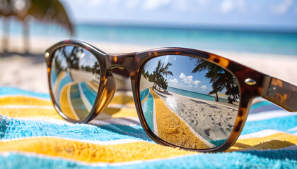 Tortoiseshell Sunglasses Resting on a Striped Beach Towel.
