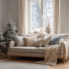 Fototapeta premium Cozy Scandinavian Living Room Interior with Christmas Tree and Soft Textures