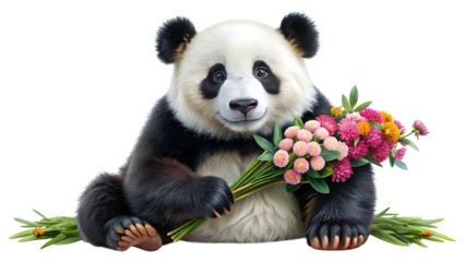 Adorable giant panda holding a colorful bouquet of fresh flowers isolated on a simple background