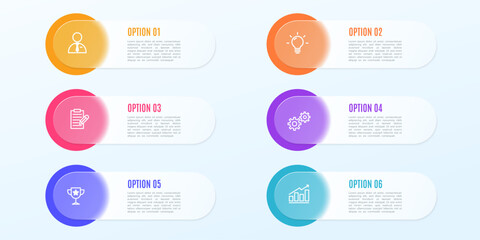 infographic labels with icons 6 options, liquid glass style