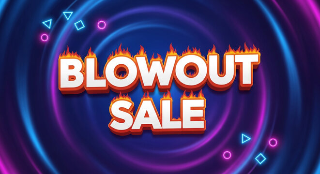 "Blowout Sale" text with fire effect, on abstract blue-purple background. Geometric shapes around text, representing hot deals, price reductions - Powered by Adobe