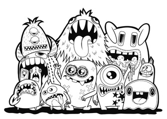 funny monsters. Cool hand drawn characters. Cartoon hand drawn doodles, children's  illustration coloring background. black and white stripes.