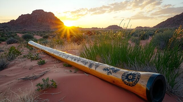 Sunrise, didgeridoo in desert landscape